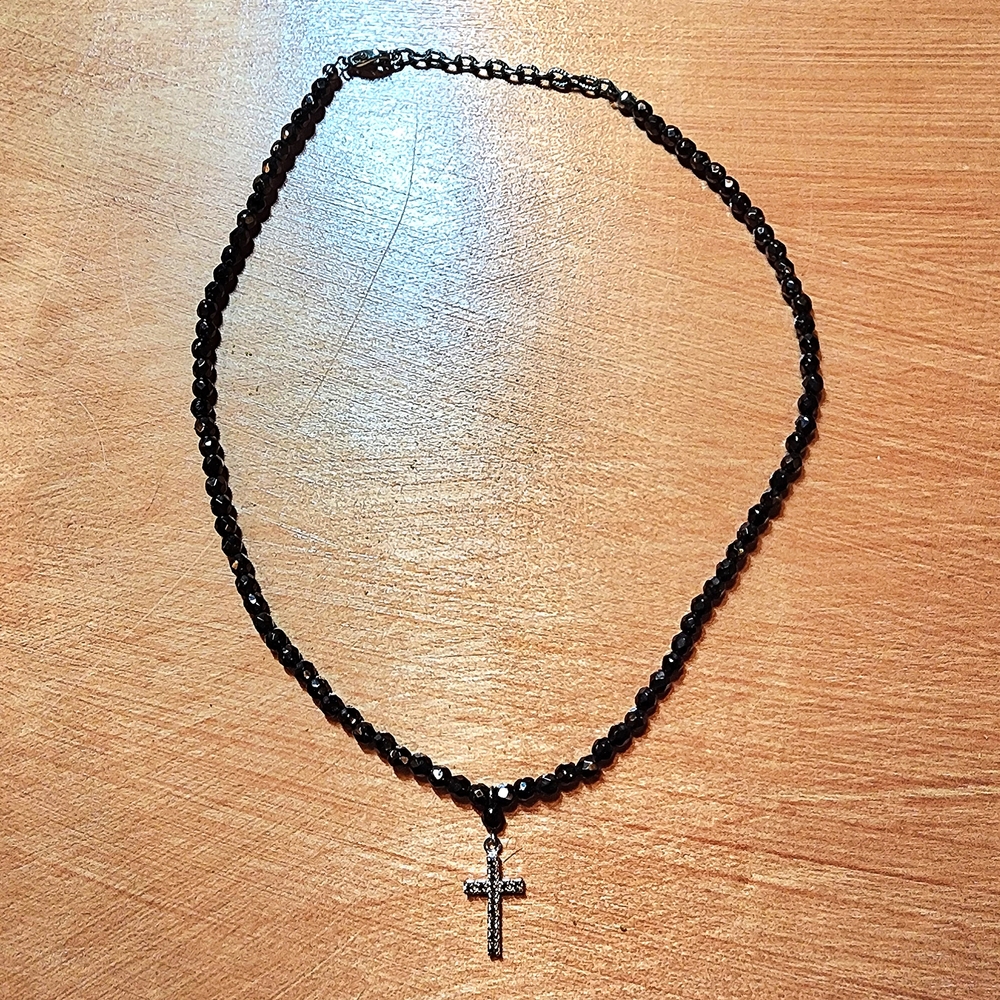Hand Crafted Black Beaded Necklace with Cross Pendant